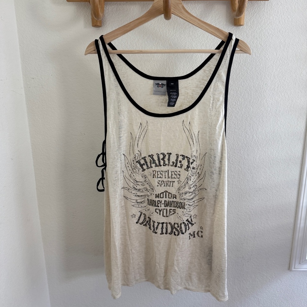 Harley Davidson white mesh black trim  tank top made in USA size 2X biker Y2K
